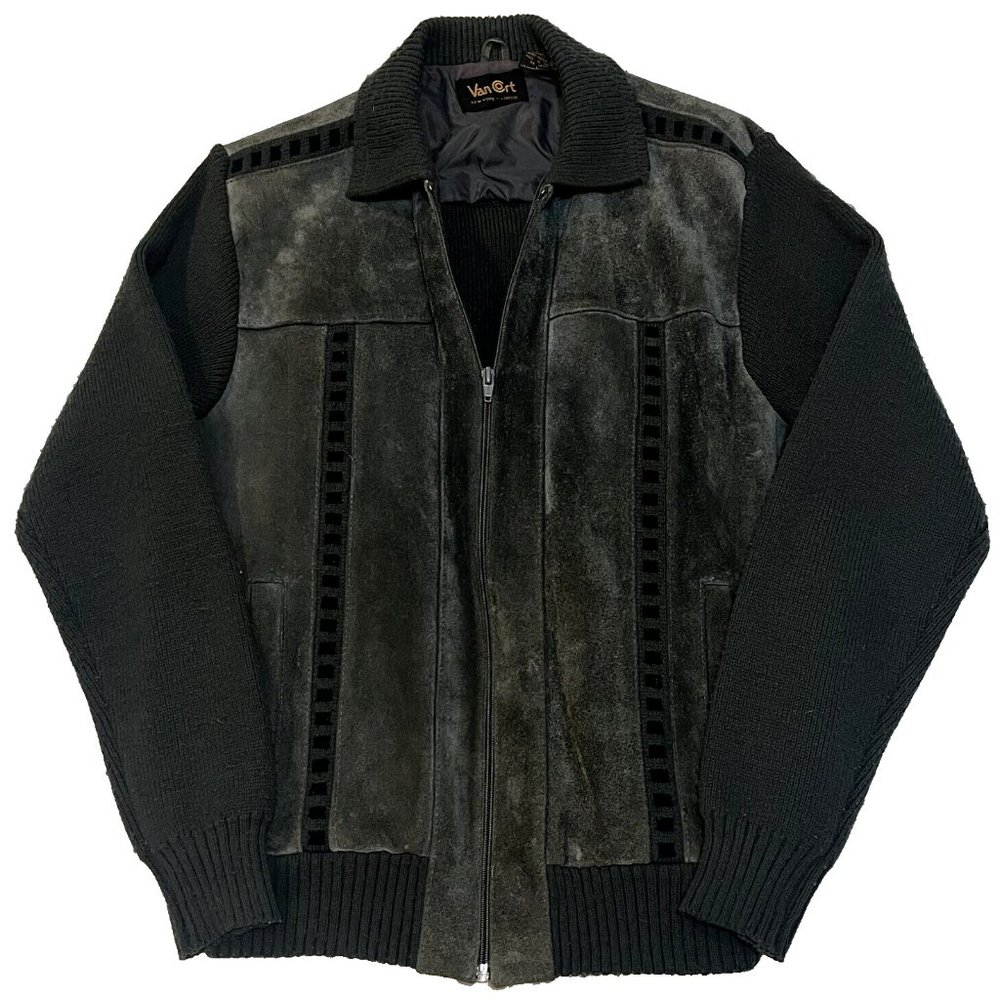 Vintage Van Cort Mens Leather Bomber Jacket Olive Pocketed Collared Striped Sz L